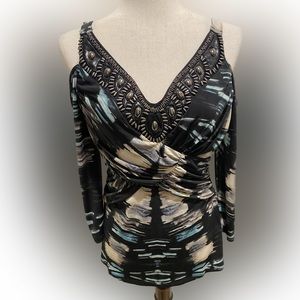 VENUS Cold Shoulder Top With Beaded Neckline & Three Qtr Sleeves, Black/Multi